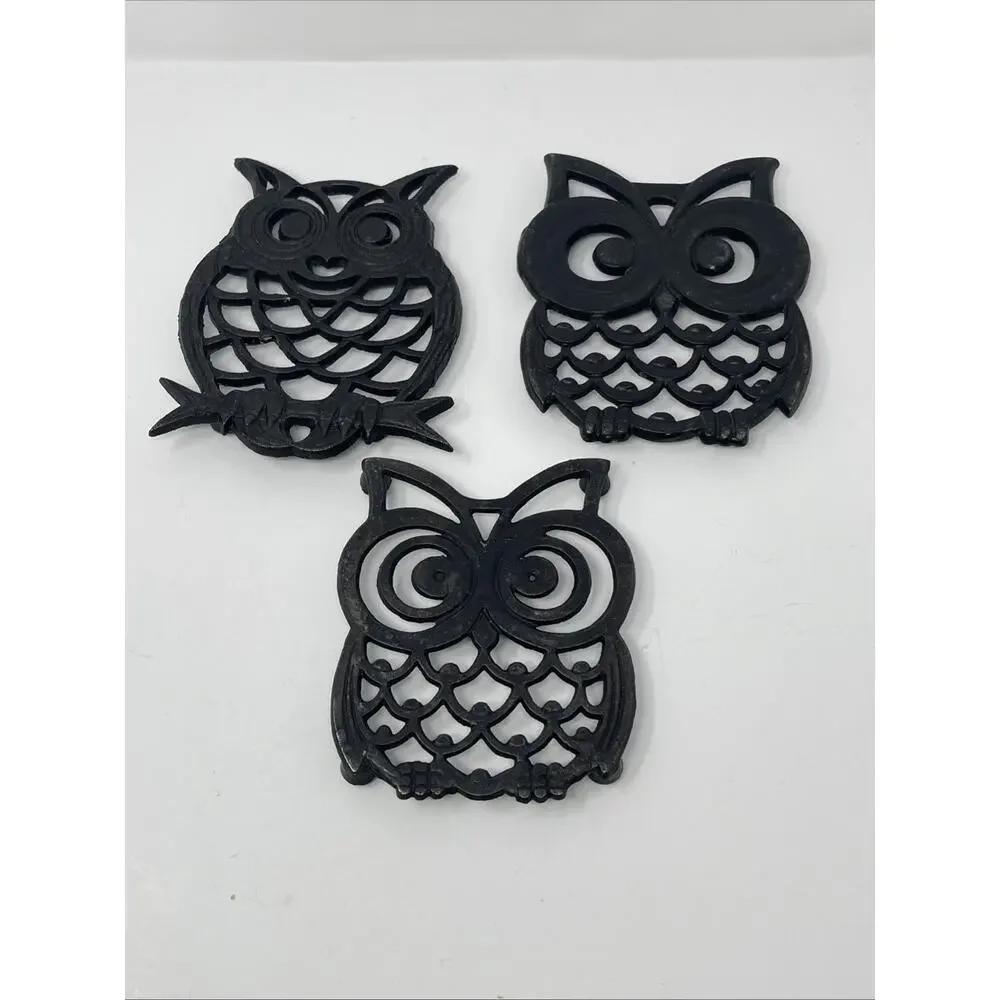 Vintage Cast Iron Trivet Black Owls Set Of 3 Hot Plates Rustic MCM Decor